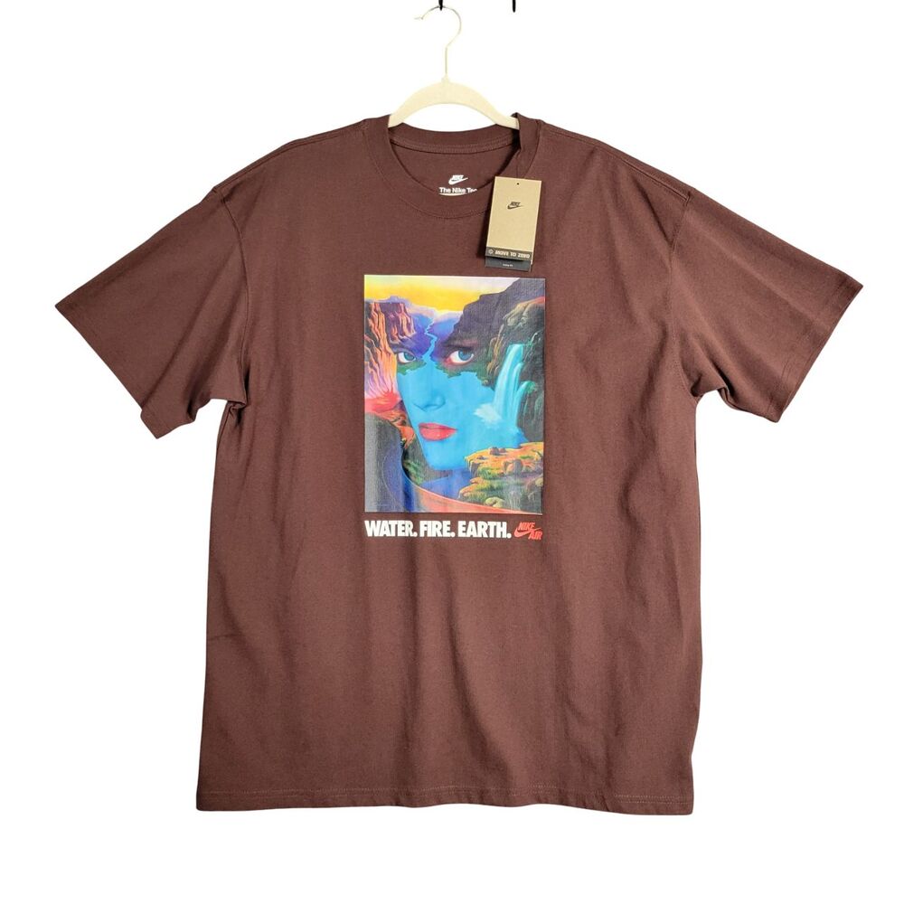 NIKE Water Fire Earth Graphic Tee Brown Loose Fit Short Sleeve Street SIZE LARGE